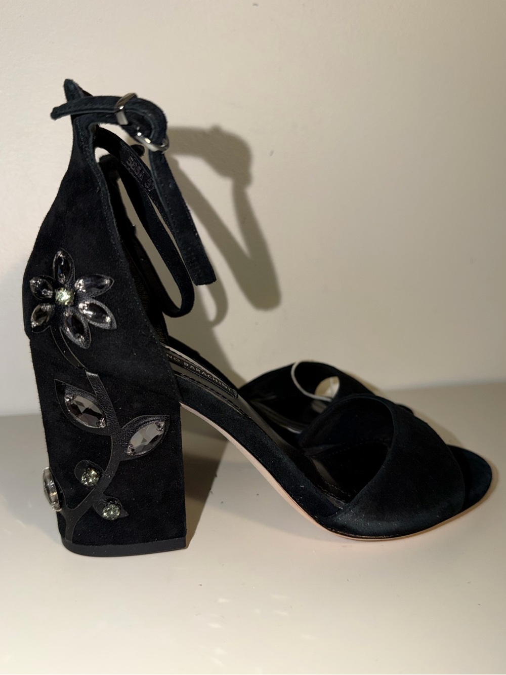 Luciano Barachini Black Suede Jeweled Floral Block Heel Sandals. 37